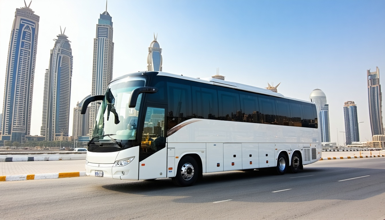 Luxury coach service in Dubai cityscape